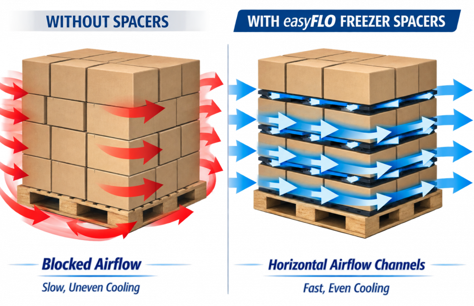 Airflow diagram showing easyFLO freezer spacers channelling cold air between palletised product layers